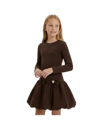 Rochie pentru fetite MaLuna Aria, mini, maneca lunga, textura reiata, fusta tip balon, maro ciocolatiu, Maro