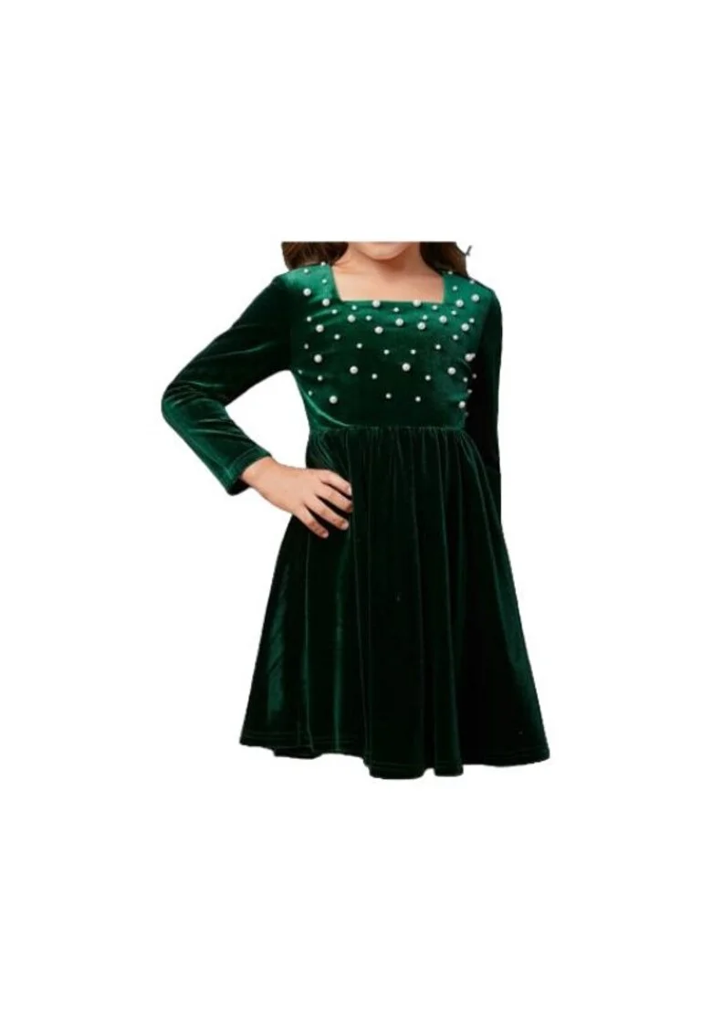 Rochie elegantă din velur verde pentru fetițe Charlotte, cu aplicații din perle – ideală pentru ocazii speciale