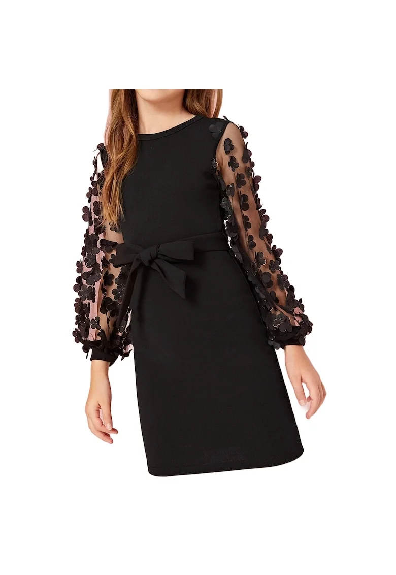 Rochie Elegantă pentru Fetițe Serena, Neagră, cu Mâneci din Tul și Detalii Florale – Perfectă pentru Evenimente Speciale