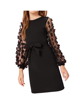 Rochie Elegantă pentru Fetițe Serena, Neagră, cu Mâneci din Tul și Detalii Florale – Perfectă pentru Evenimente Speciale