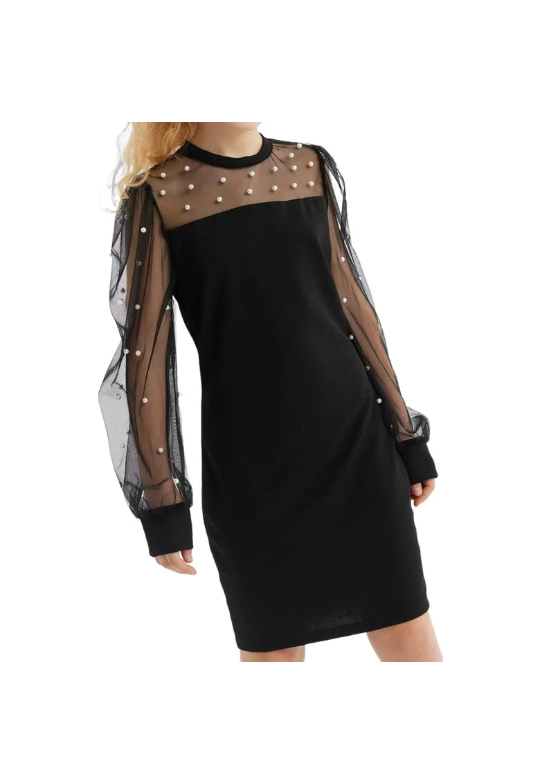 Rochie Fete Elegantă Swing Neagră cu Mâneci Bufante și Detalii din Perle – Perfectă pentru Ocazii Speciale, Negru