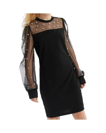 Rochie Fete Elegantă Swing Neagră cu Mâneci Bufante și Detalii din Perle – Perfectă pentru Ocazii Speciale, Negru