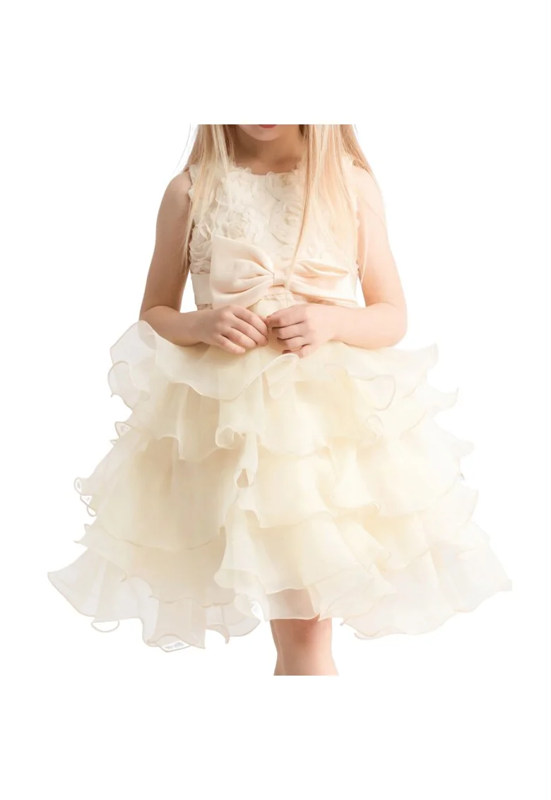 Rochie elegantă Elodie pentru fetițe, auriu cu floare 3D și volane, ideală pentru ocazii speciale, Auriu