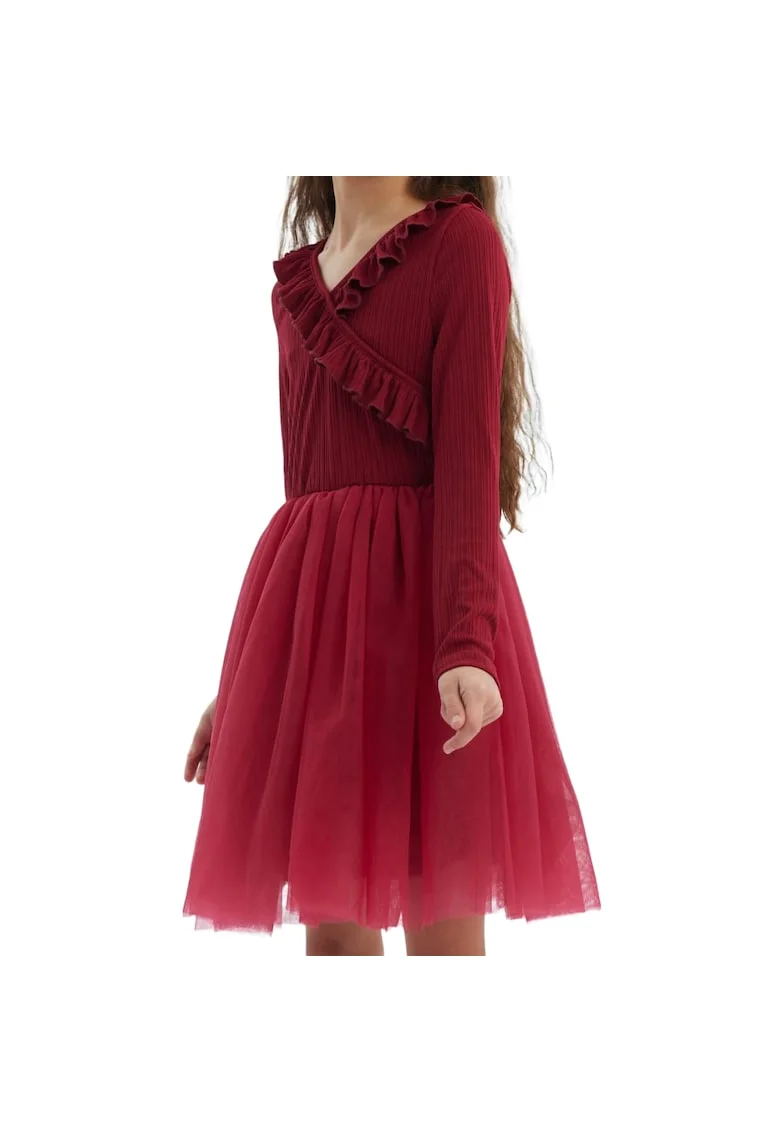 Rochie de ocazie elegantă pentru fetițe Mika, bordo, cu volănașe și straturi din tul, confortabilă și rafinată, Visiniu