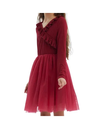 Rochie de ocazie elegantă pentru fetițe Mika, bordo, cu volănașe și straturi din tul, confortabilă și rafinată, Visiniu