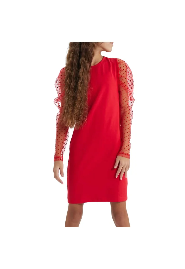 Rochie Elegantă pentru Fete Elena, Roșu, cu Mâneci din Tul cu Buline, Ideală pentru Ocazii Speciale, Rosu