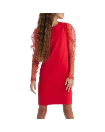 Rochie Elegantă pentru Fete Elena, Roșu, cu Mâneci din Tul cu Buline, Ideală pentru Ocazii Speciale, Rosu