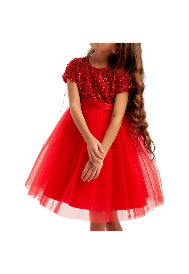 Rochie Fetiță Elegantă Elisa, Roșie, Paiete Strălucitoare, Confortabilă și Reglabilă, Ideală pentru Evenimente și Petreceri, Rosu