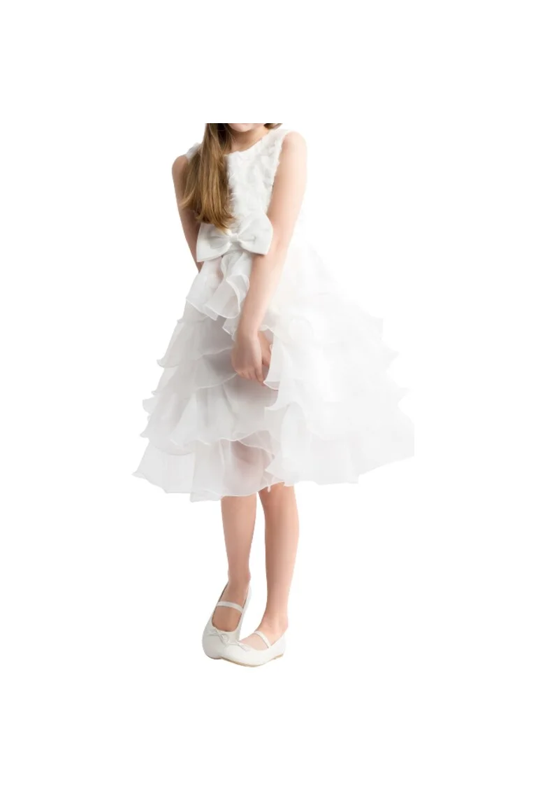 Rochie de Comunie pentru Fete Elodie – Eleganță și Rafinament în Alb, cu Design 3D și Fundiță Delicată, Alb