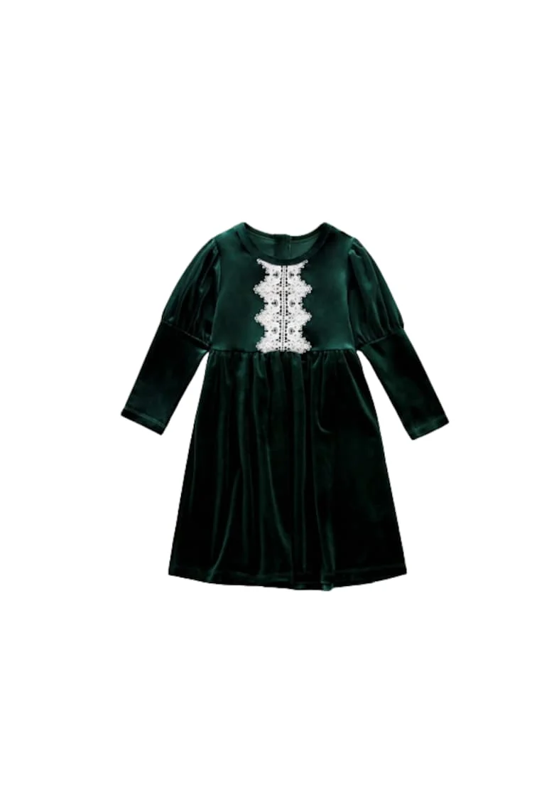 Rochie elegantă fetițe Maya - Catifea verde, aplicație din dantelă, ideală pentru ocazii speciale și ținute de zi cu zi, Verde