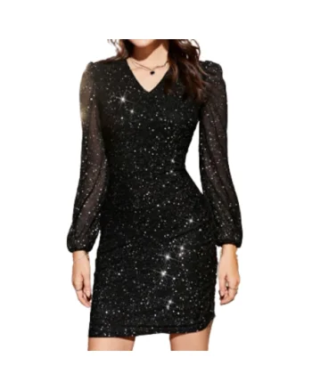 Rochie elegantă de ocazie Noemi, cu străluciri argintii, material elastic și design sofisticat, Negru