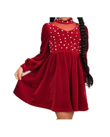 Rochie Fetițe Daisy din Catifea Roșie cu Perle – Eleganță și Confort pentru Orice Ocazie, Rosu
