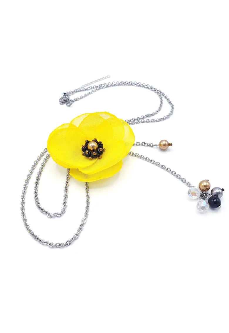 Colier lung elegant, Zia Fashion, Smile, floare galbena, inox, perle