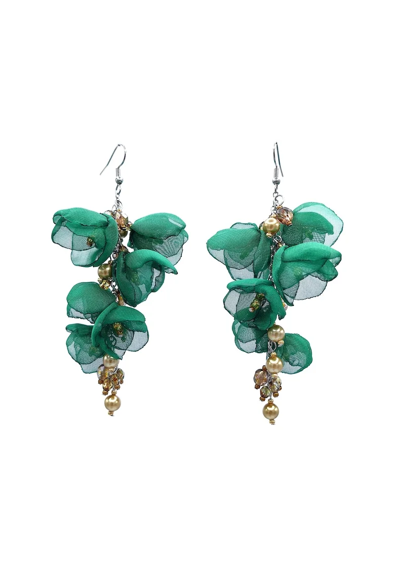 Cercei lungi statement, Zia Fashion, flori din voal, perle Mallorca si inox, handmade, Verde/Auriu