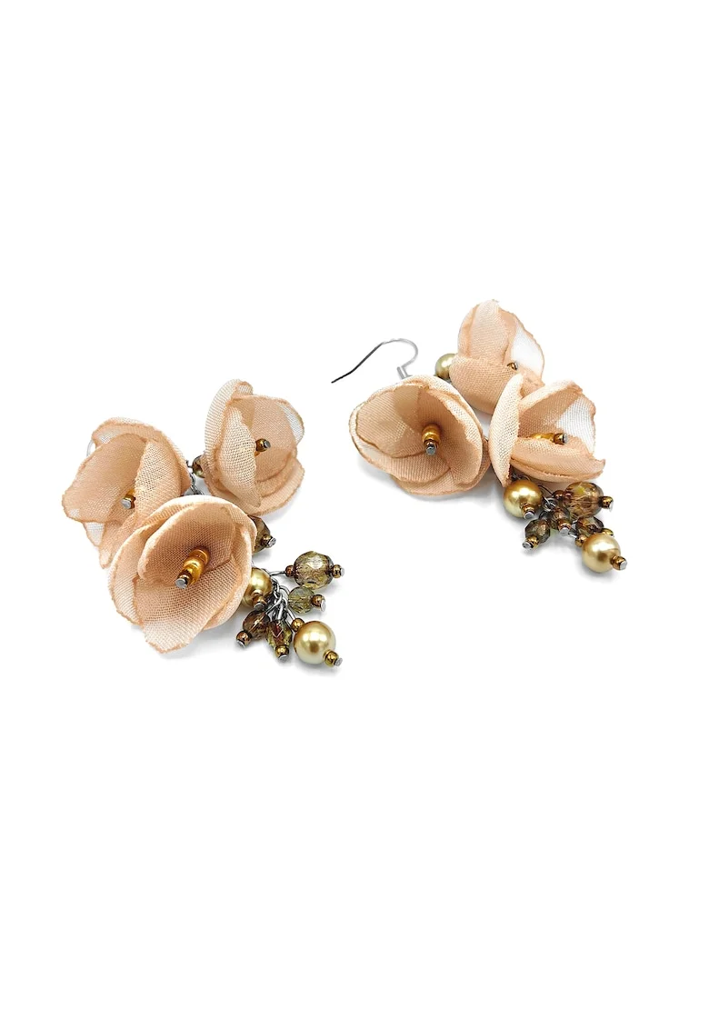 Cercei lungi eleganti, Zia Fashion, flori, handmade, Auriu/Bej