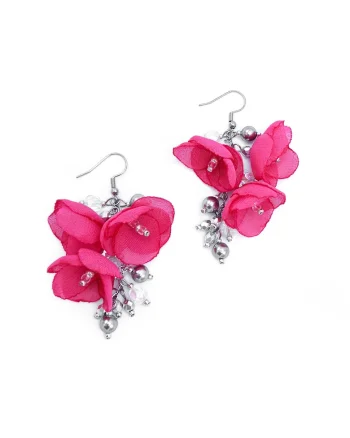 Cercei lungi eleganti, Zia Fashion, flori, handmade, Fucsia/Argintiu