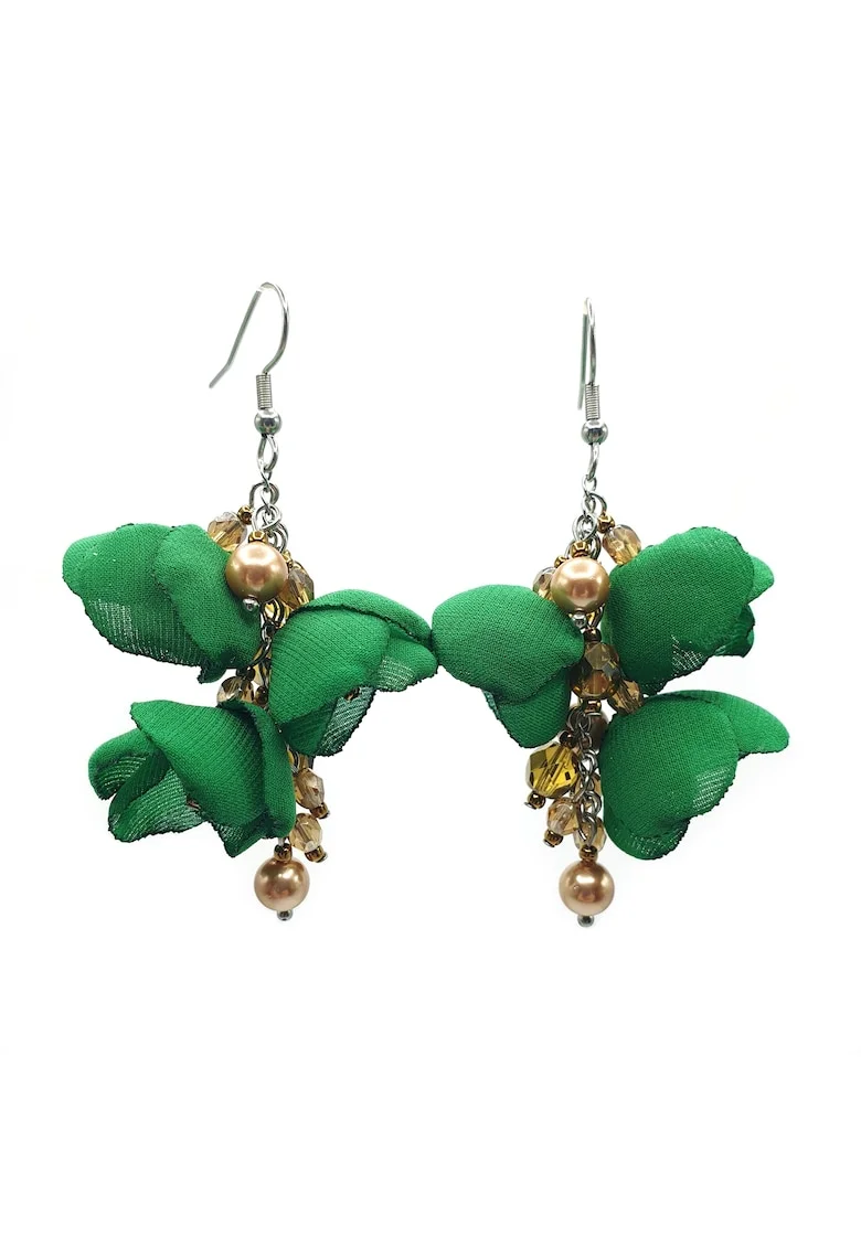 Cercei lungi eleganti, Zia Fashion, flori, handmade, Verde/Auriu