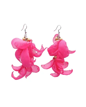 Cercei lungi voluminosi, Zia Fashion, voal, inox, handmade, Auriu/Roz