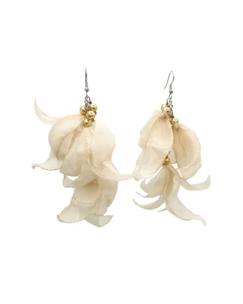 Cercei lungi voluminosi, Zia Fashion, voal, inox, handmade, Auriu/Bej