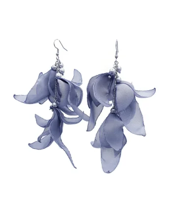 Cercei lungi voluminosi, Zia Fashion, voal, inox, handmade, Gri/Argintiu