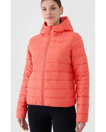 Jacheta de puf  pentru femei, rosie, umplutura sintetica reciclata, design usor, gluga integrata, slim fit, sezon primavara-vara