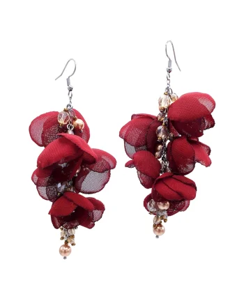 Cercei lungi statement, Zia Fashion, flori din voal, perle Mallorca si inox, handmade, Visiniu