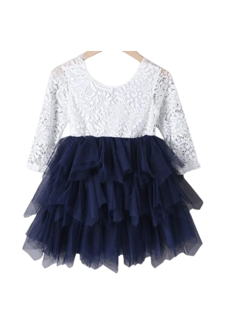 Rochie Elegantă de Ocazie Angel pentru Fetițe - Bleumarin, cu Dantelă și Volane din Tul, Alb/Albastru