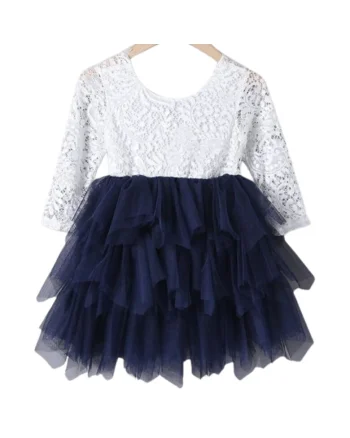 Rochie Elegantă de Ocazie Angel pentru Fetițe - Bleumarin, cu Dantelă și Volane din Tul, Alb/Albastru