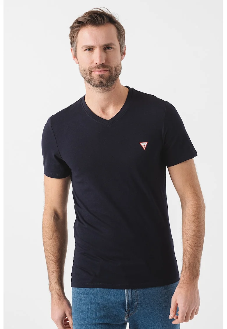 Tricou slim fit cu decolteu in V, Bleumarin