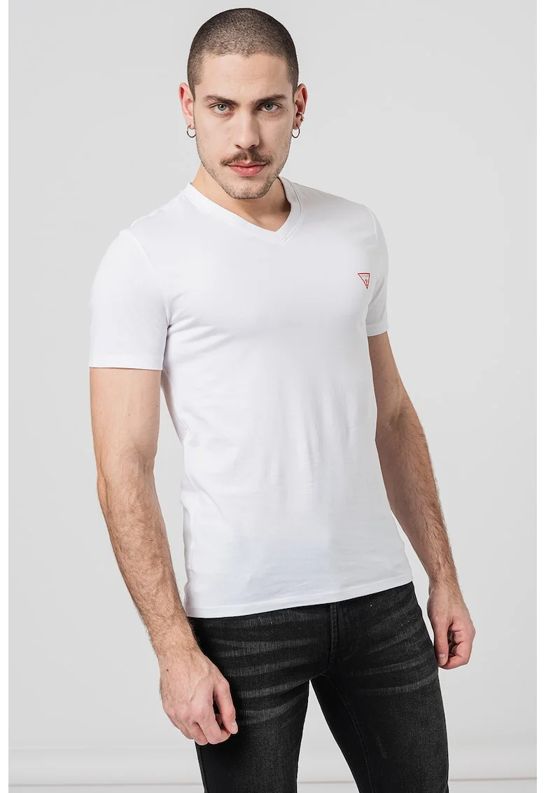 Tricou slim fit cu decolteu in V, Alb murdar