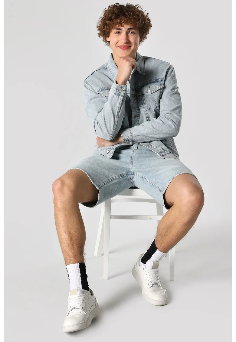 Jacheta din denim cu buzunare cu clapa, Albastru glaciar