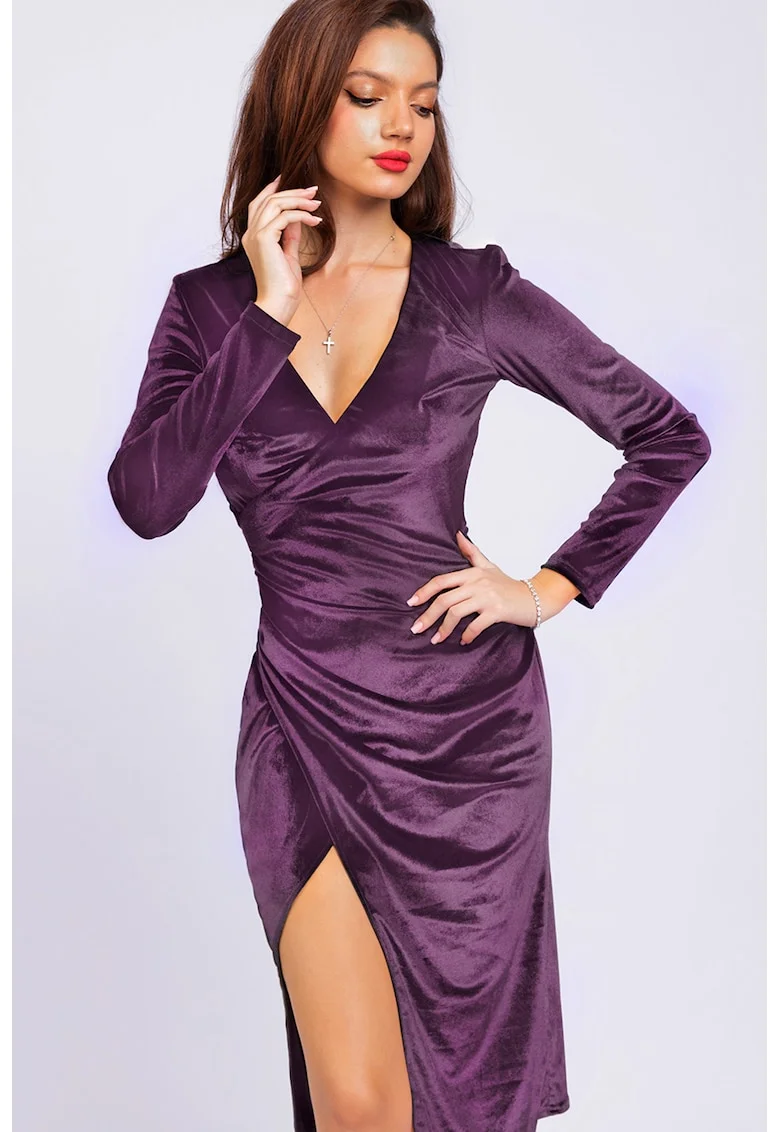 Rochie cu model cambrat si slit lateral, Albastru lavanda