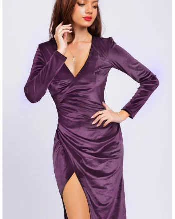 Rochie cu model cambrat si slit lateral, Albastru lavanda
