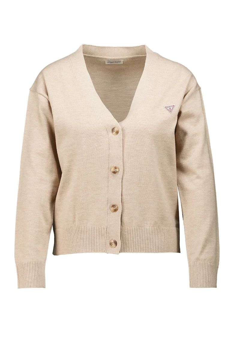 Cardigan cu decolteu in V si logo, Maro camel/Bej deschis