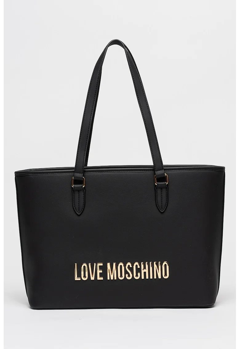 Geanta tote de piele ecologica cu logo metalic, Negru