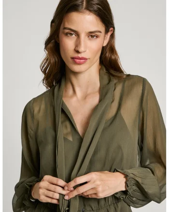 Bluza transparenta cu talie elastica, Kaki
