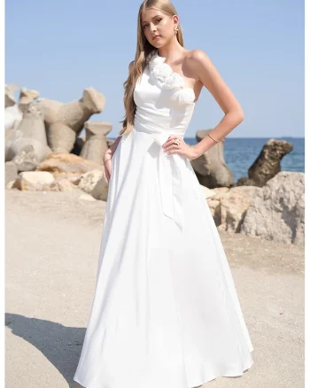 Rochie cu croiala A, cu decolteu pe umeri Riana, Alb