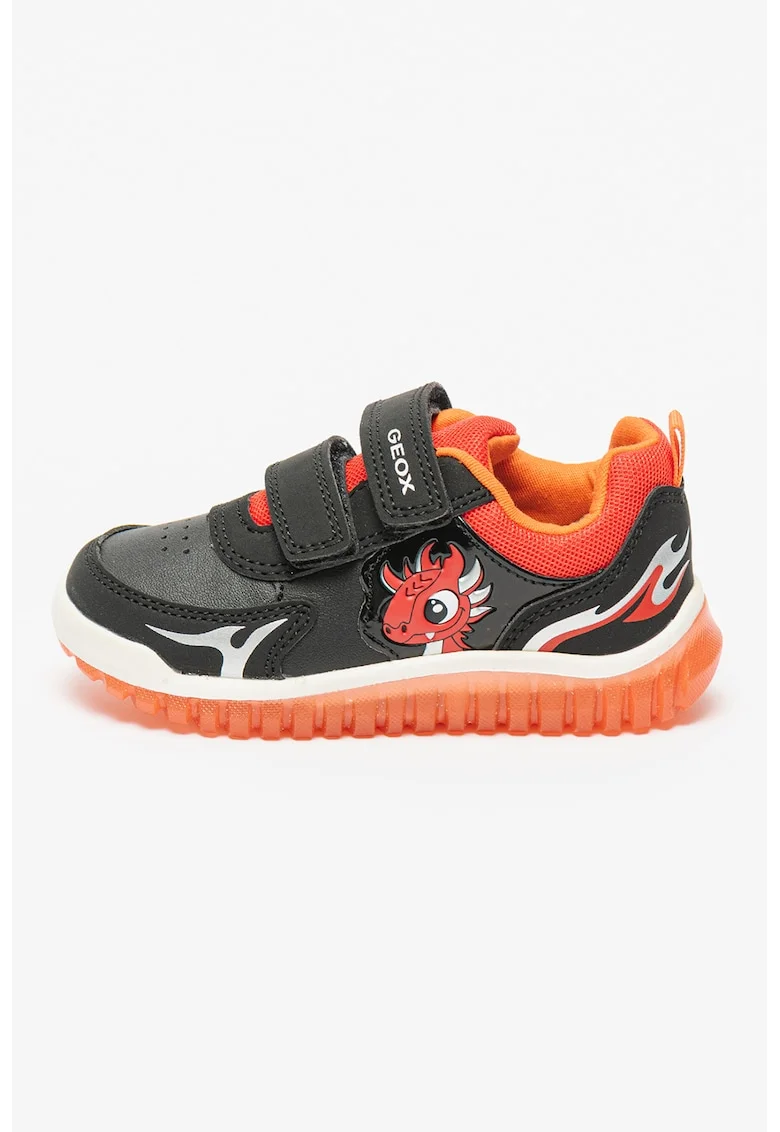 Pantofi sport de piele ecologica cu velcro Lightyloo, Negru/Rosu vermillion