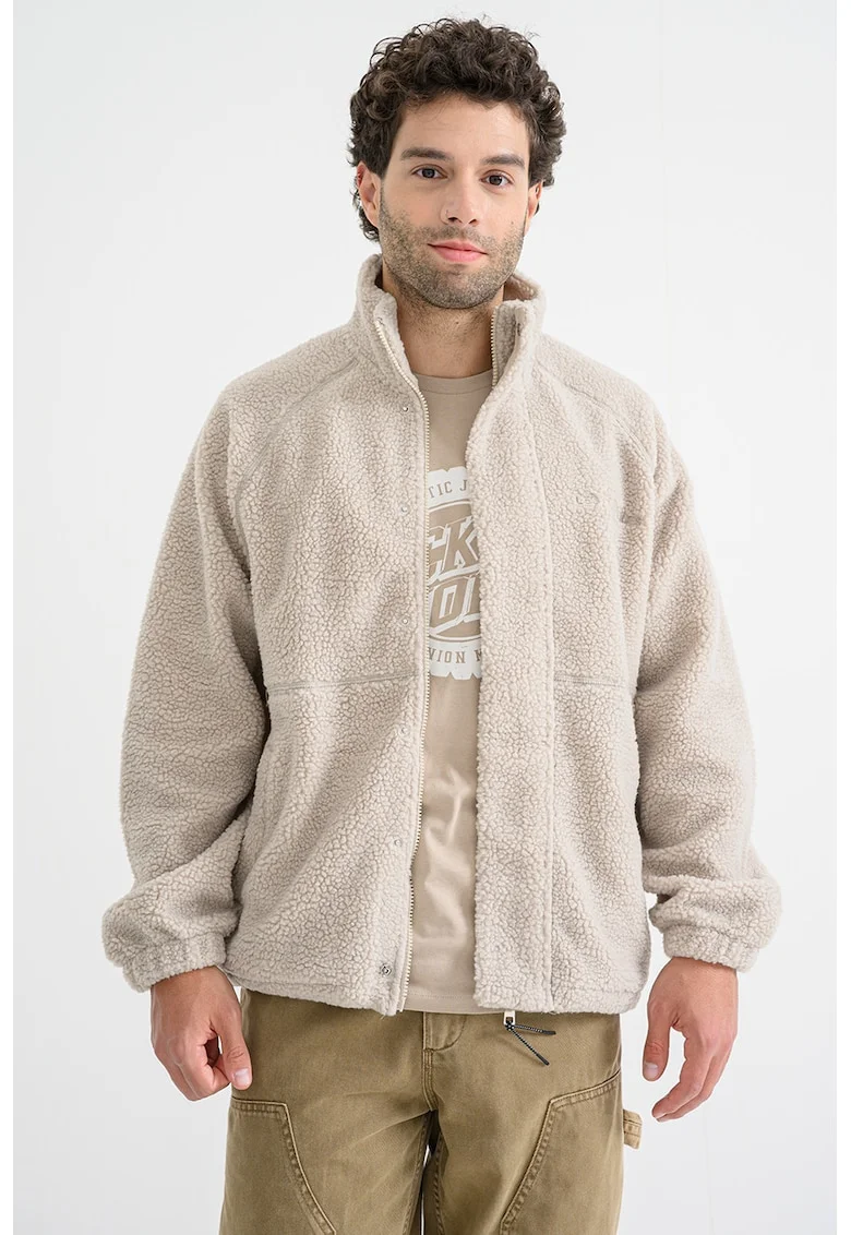 Jacheta din material teddy cu maneci raglan si fermoar, Bej