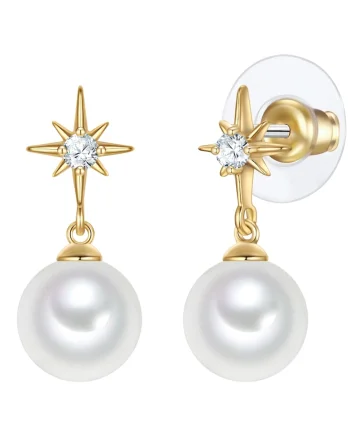 Cercei placati cu aur de 14K, perle si zirconia, Auriu