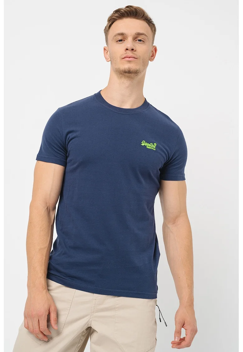 Tricou cu decolteu la baza gatului si logo, Albastru indigo/Verde lime
