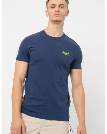 Tricou cu decolteu la baza gatului si logo, Albastru indigo/Verde lime