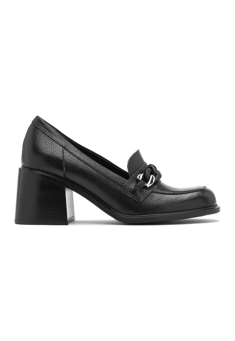Pantofi loafer de piele cu toc masiv, Negru