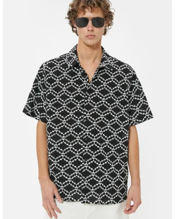 Camasa de bumbac cu model geometric, Alb/Negru
