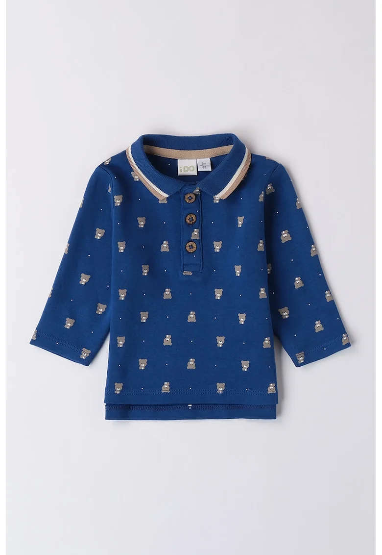 Bluza cu guler polo si model cu ursulet, Gri/Albastru inchis