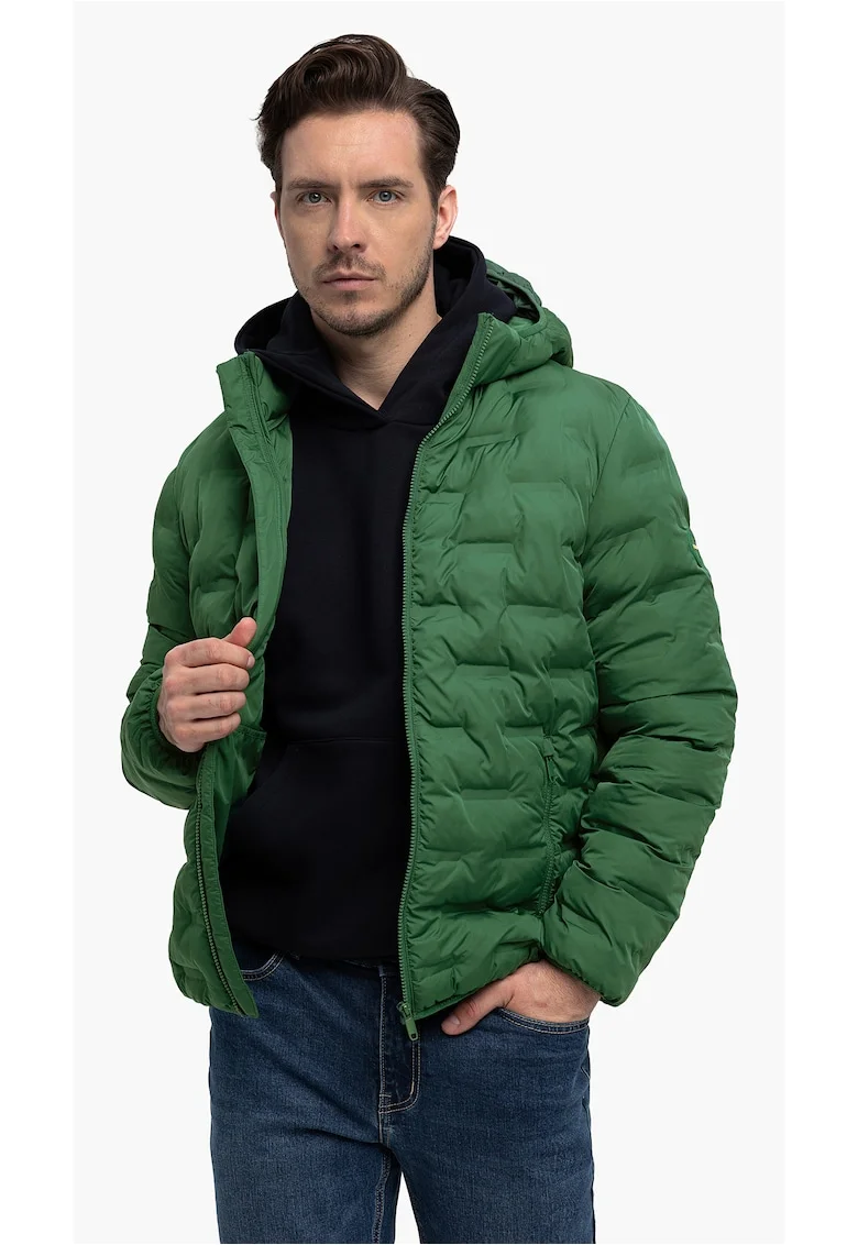Geaca matlasata cu gluga detasabila, buzunare, sac de compresie,  J-Sintor, Verde, Verde