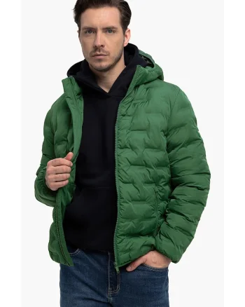 Geaca matlasata cu gluga detasabila, buzunare, sac de compresie,  J-Sintor, Verde, Verde