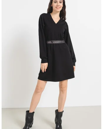 Rochie scurta evazata cu logo in talie, Negru