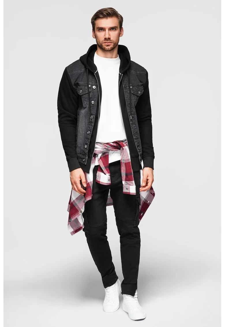 Jacheta din denim cu gluga, Negru/Gri inchis