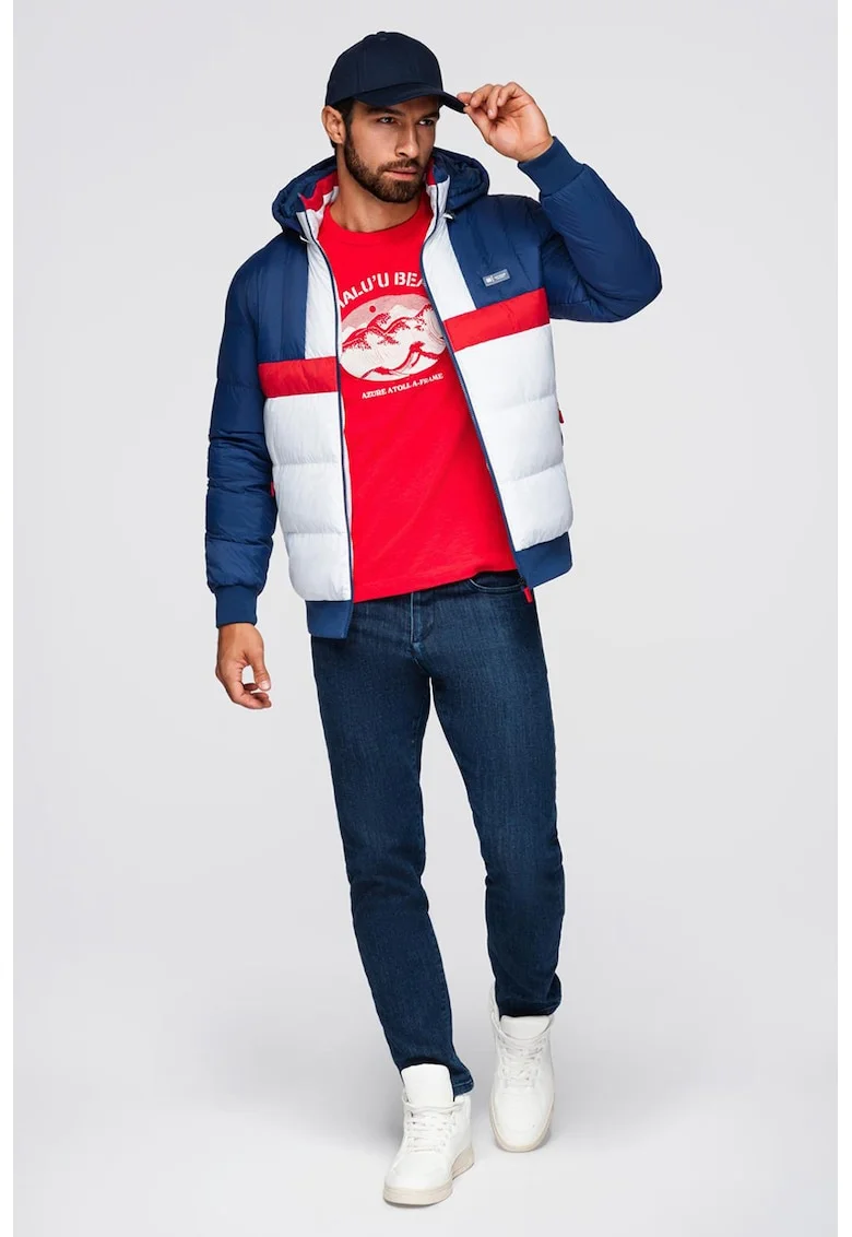 Geaca cu gluga si model colorblock, Rosu/Alb/Albastru royal
